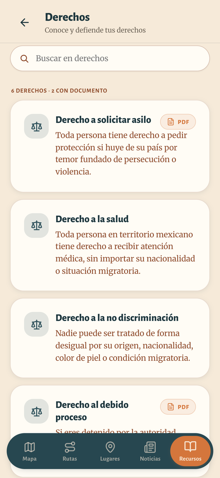 Pantalla de la app: lista de derechos, cada uno con su explicación y documento PDF.