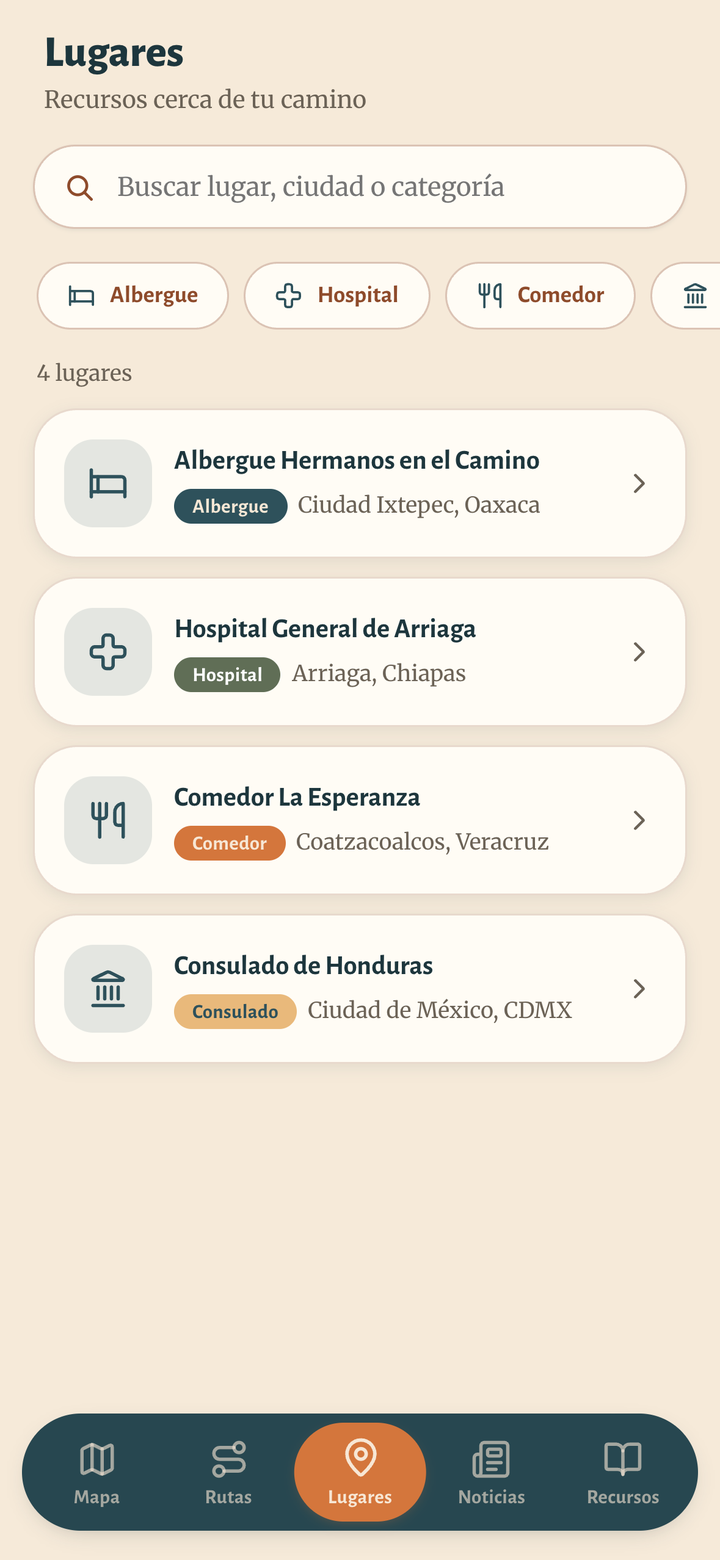 Pantalla de la app: lista de lugares de ayuda — albergues, comedores y módulos de salud.