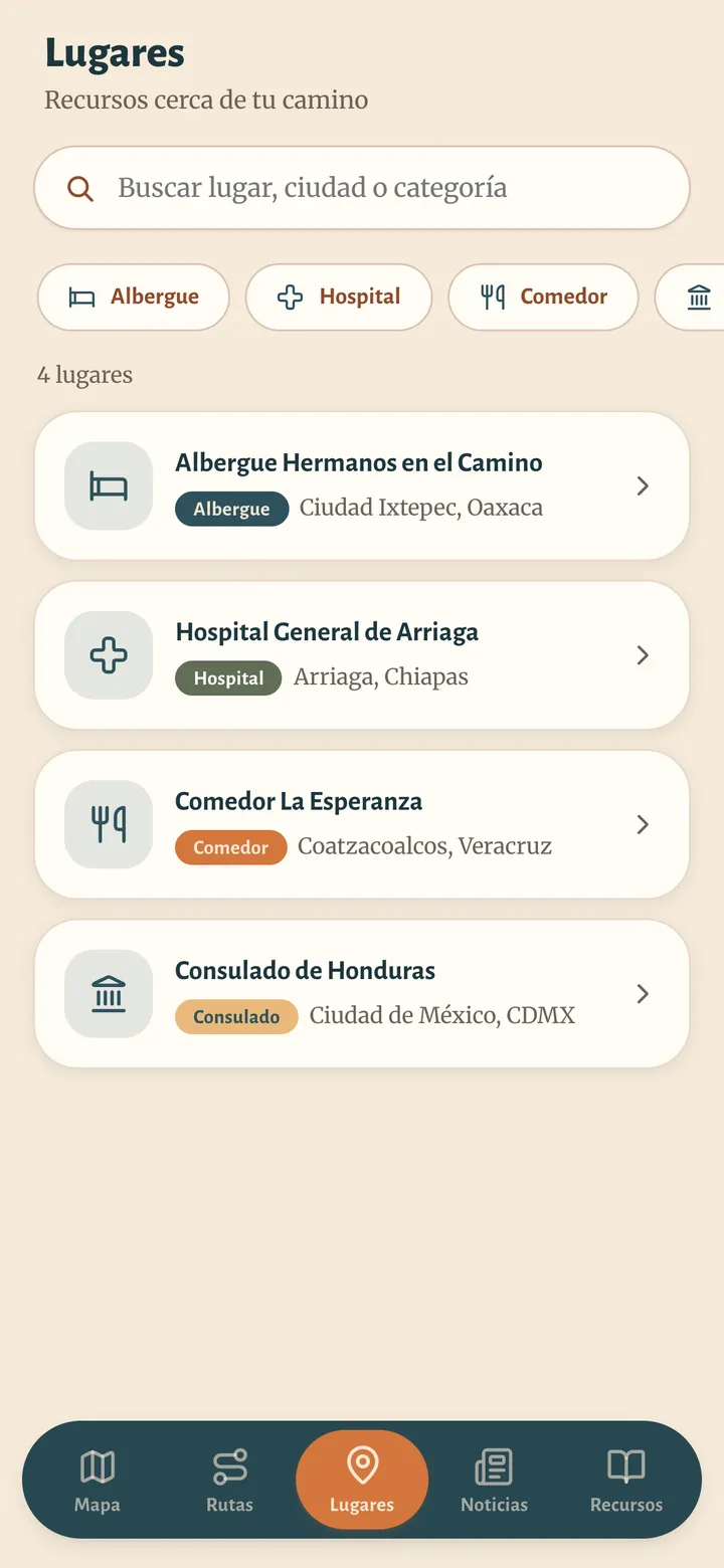Pantalla de la app: lista de lugares de ayuda — albergues, comedores y módulos de salud.