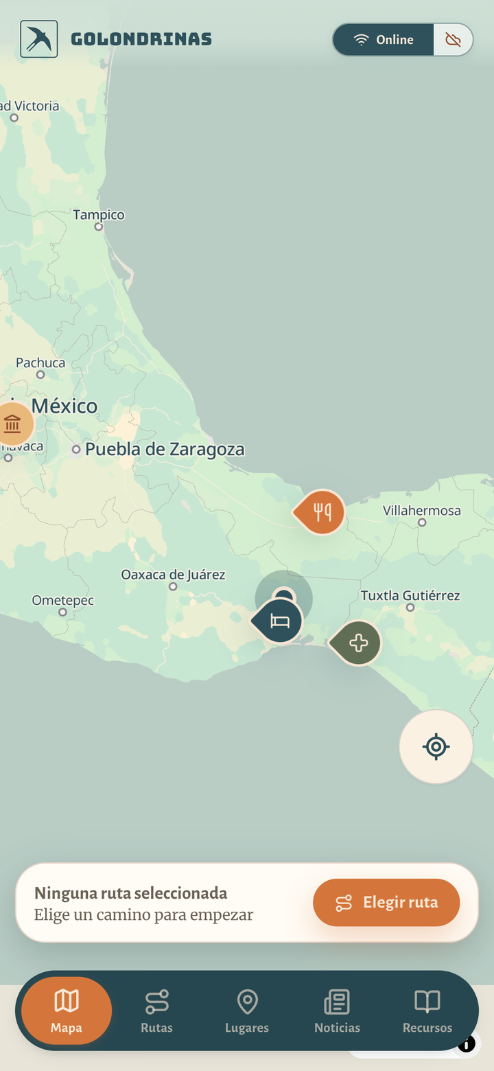 Pantalla principal de la app: el mapa de México con lugares de ayuda marcados.