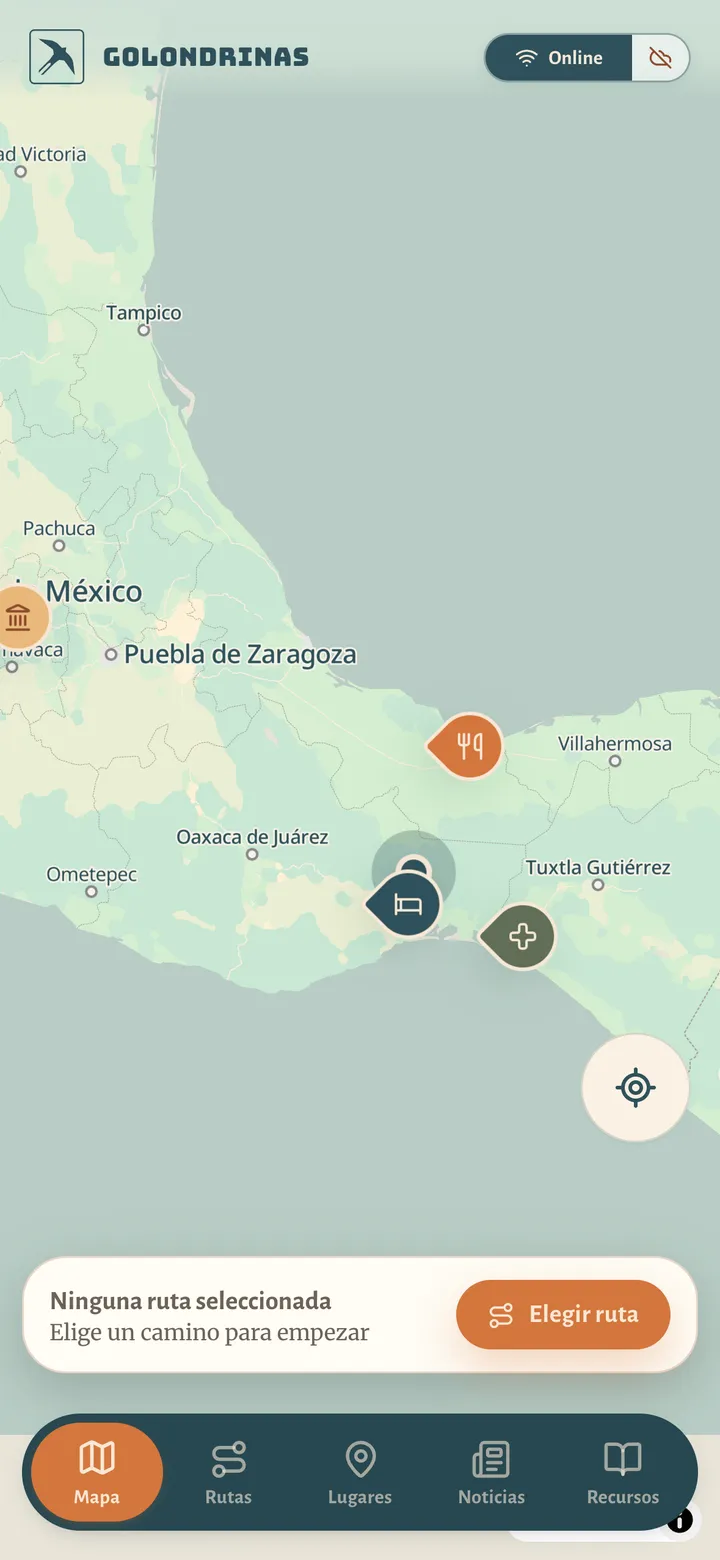 Pantalla principal de la app: el mapa de México con lugares de ayuda marcados.