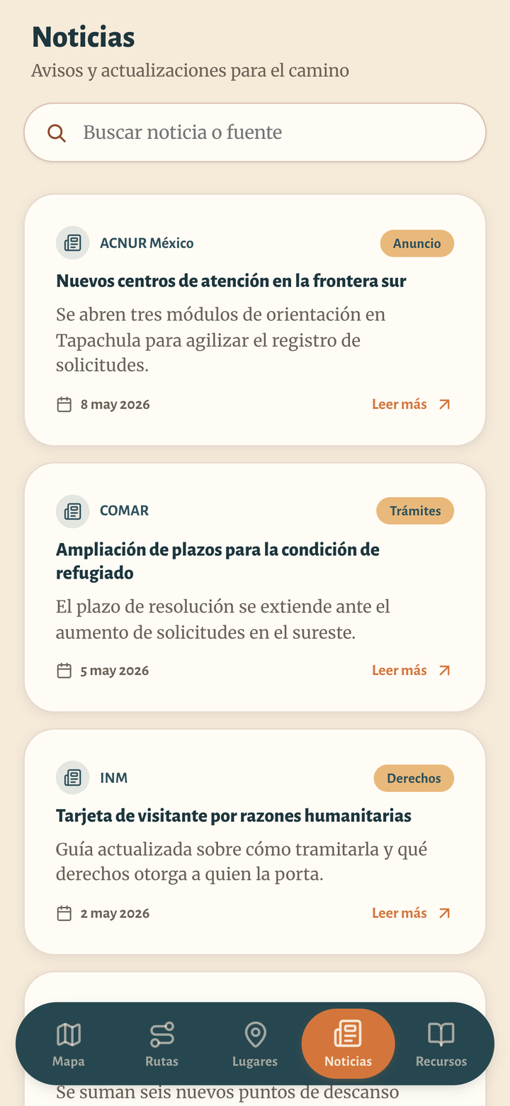 Pantalla de la app: noticias recientes relevantes para el camino.