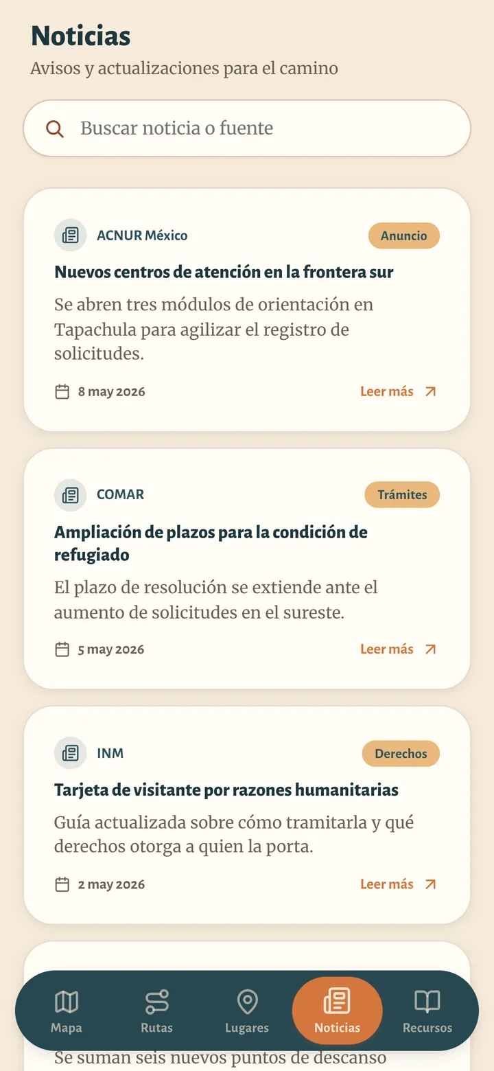 Pantalla de la app: noticias recientes relevantes para el camino.