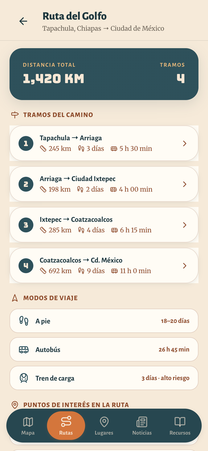 Pantalla de la app: detalle de la Ruta del Golfo con sus tramos, distancias y tiempos.