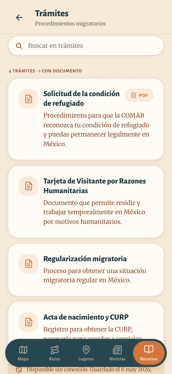 Pantalla de la app: lista de trámites migratorios, cada uno con su guía y documento PDF.