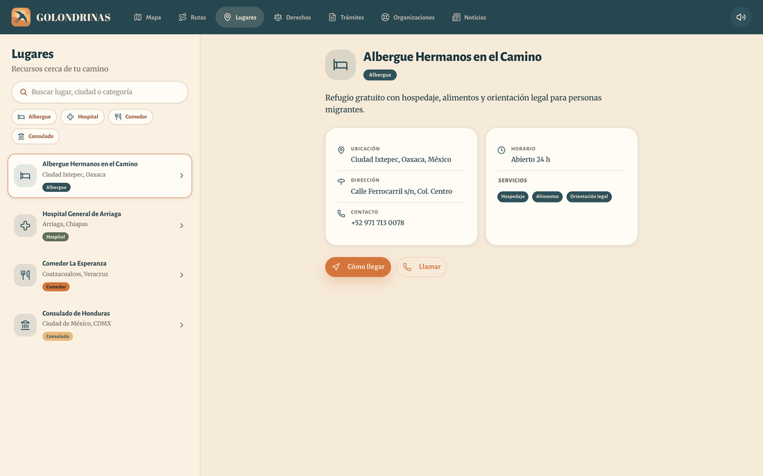 La versión web: lugares de ayuda con filtros.