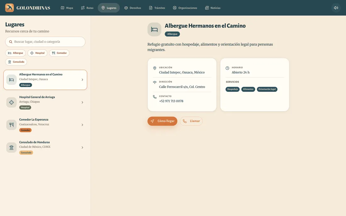 La versión web: lugares de ayuda con filtros.