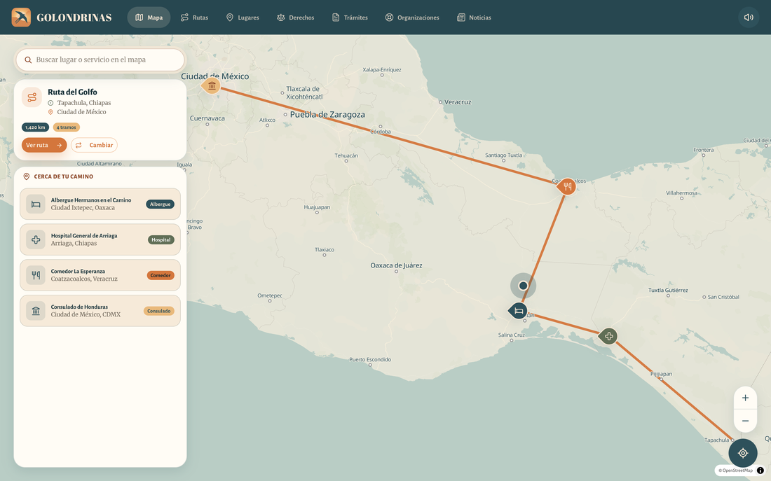 La versión web de Golondrinas: el mapa a pantalla completa con lugares de ayuda.