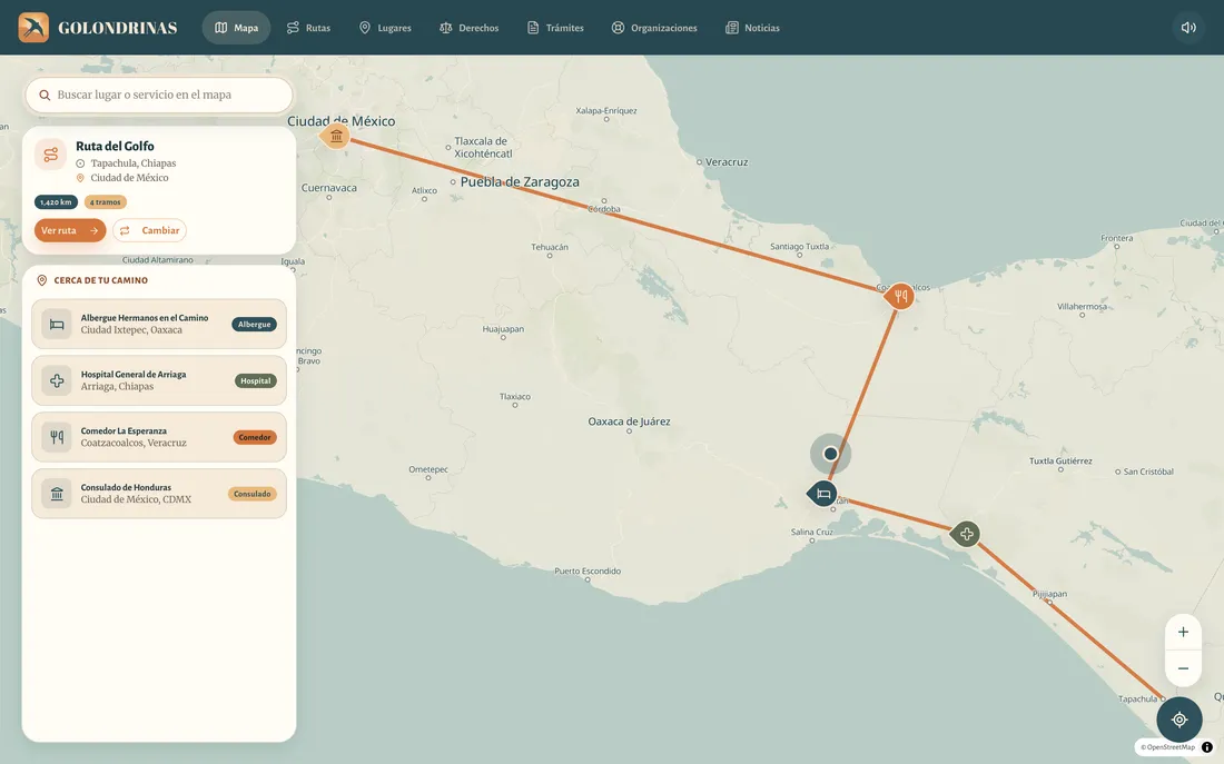 La versión web de Golondrinas: el mapa a pantalla completa con lugares de ayuda.